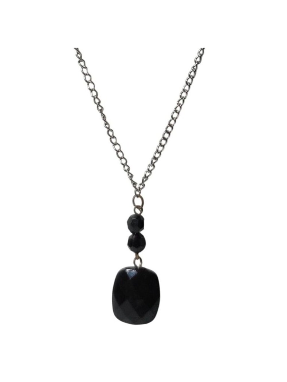 Retro Black Faceted Pendant Necklace Silver Tone Chain Classic Fashion Jewelry